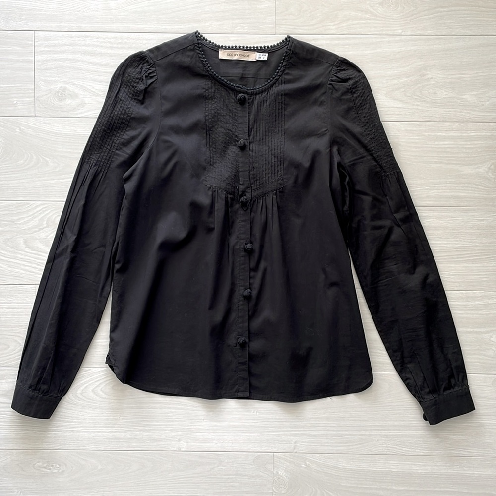 See by Chloe Black Cotton Pintucked Blouse